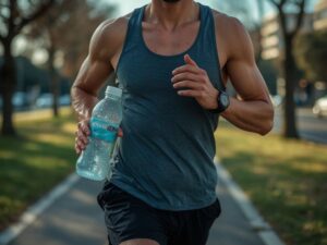 persoon die aan het hardlopen is met sportdrank in zijn hand