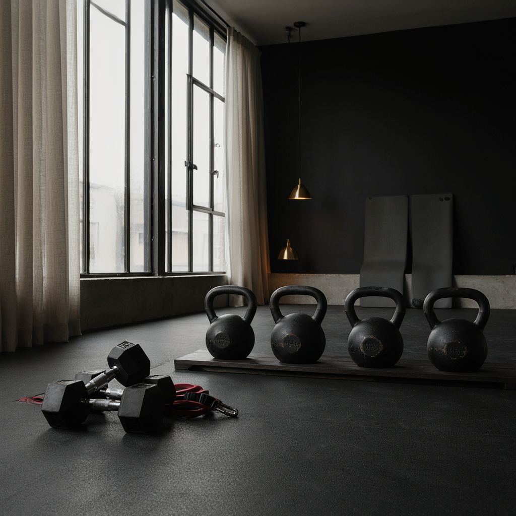 Moderne fitnessapparatuur in een warme en rustige Nederlandse privé gym zonder mensen.