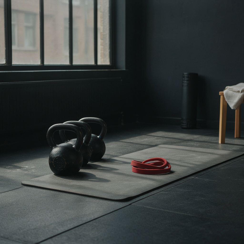 Moderne fitnessapparatuur in een rustige privégym met natuurlijke verlichting en warme accenten.