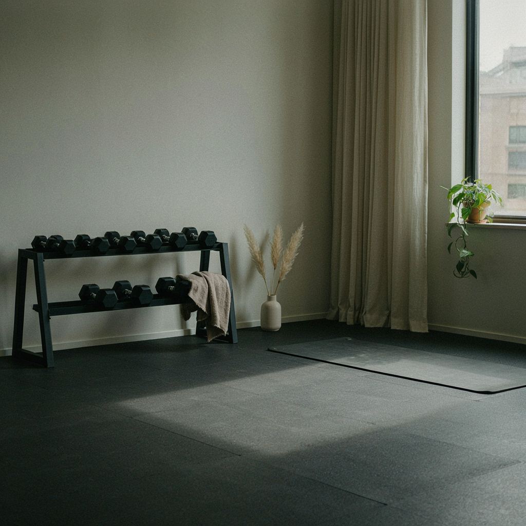 Lege fitnesshoek met dumbbells en yogamat in een rustige, warme gymomgeving.