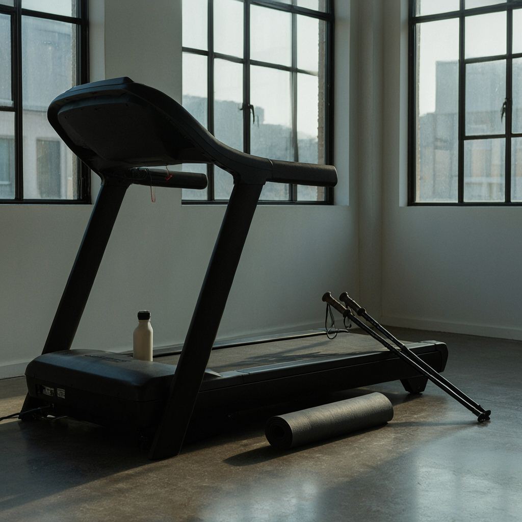 Moderne loopfitnessapparatuur in een rustige Nederlandse privé gym met warm licht.