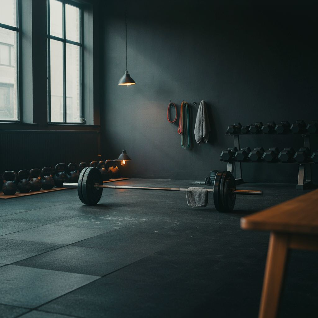 Rustige Nederlandse privésportschool met moderne trainingsapparatuur in diepe houtskool- en zwarte tinten verlicht door natuurlijk raamlicht en warm binnenlicht.