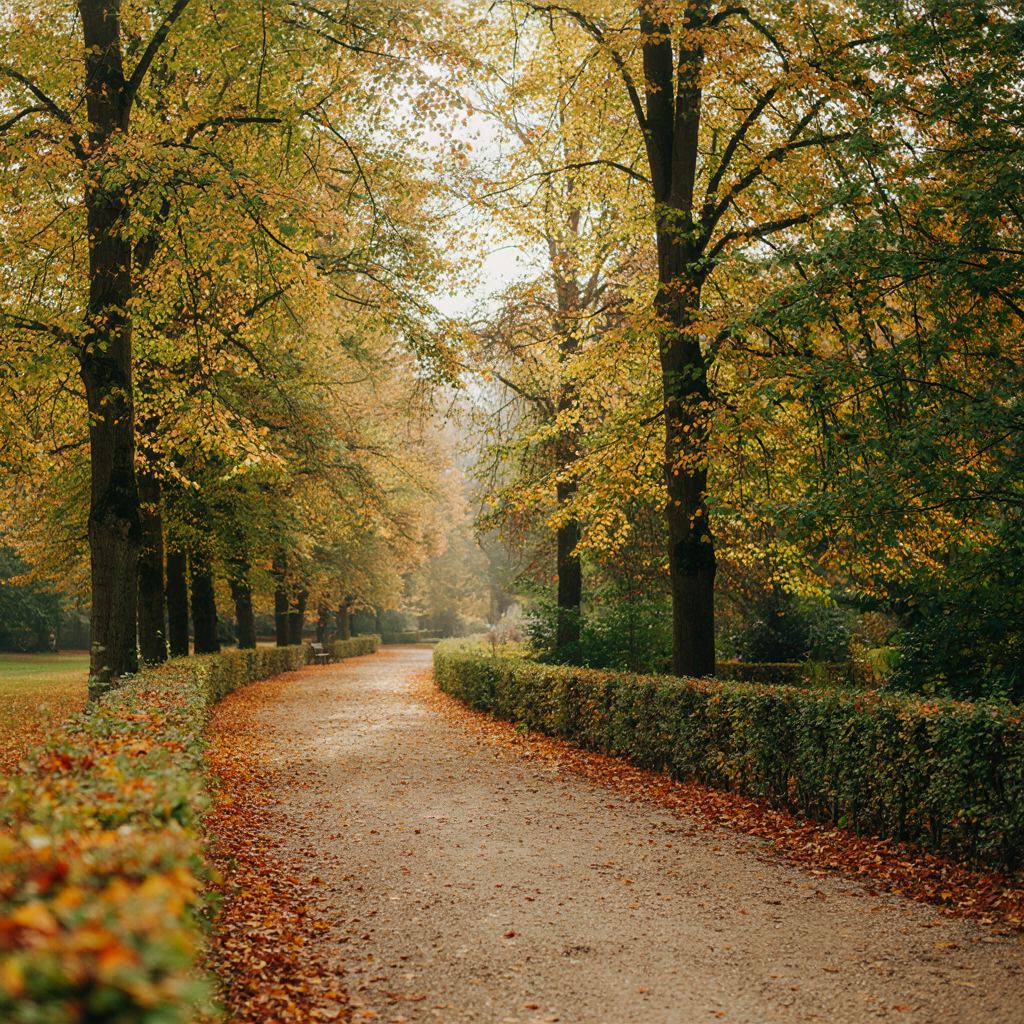 Rustige wandelpad in een Nederlands park met herfstbladeren en zacht licht.