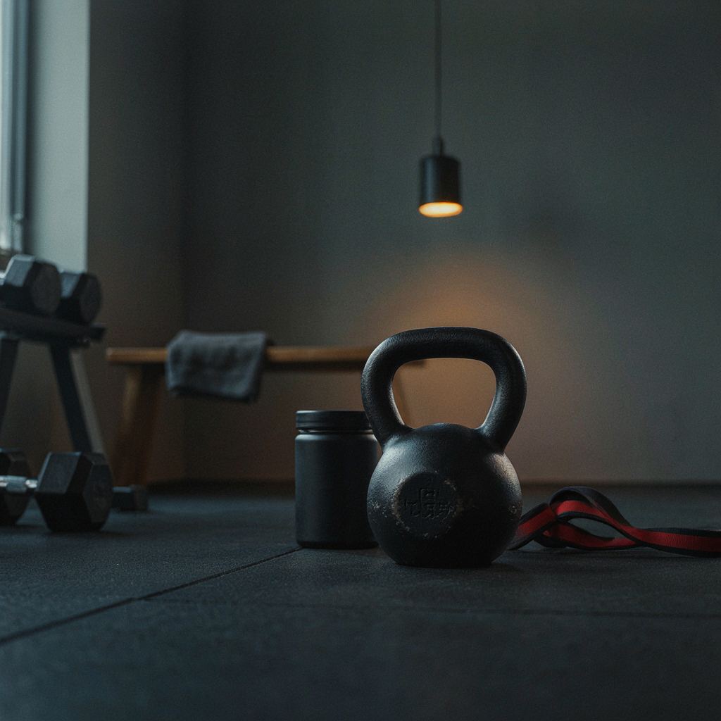 Close-up van modern fitnessapparatuur in een rustige Nederlandse privé sportschool met warm licht en een supplementcontainer zonder tekst.