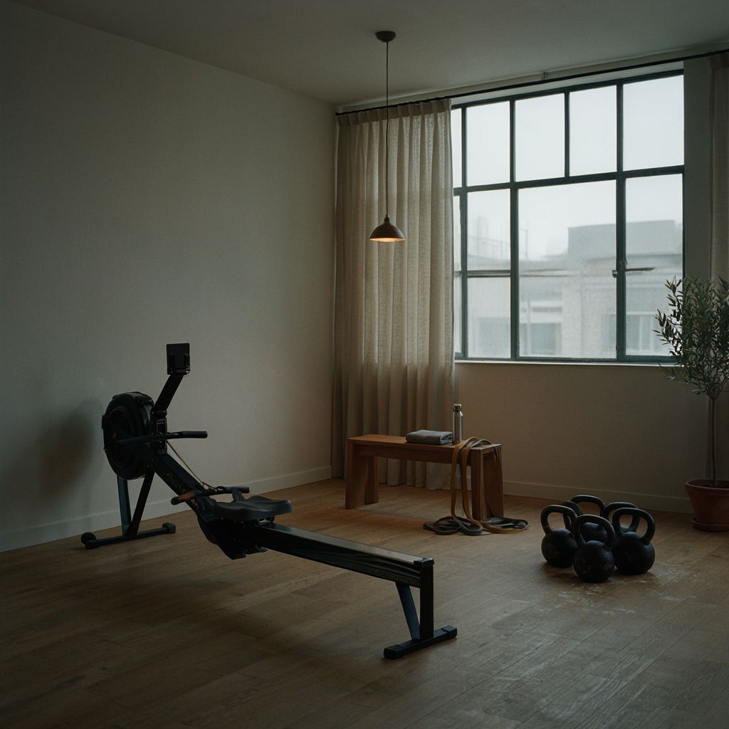 Rustige, moderne fitnessruimte met functionele trainingsapparatuur en natuurlijk licht.