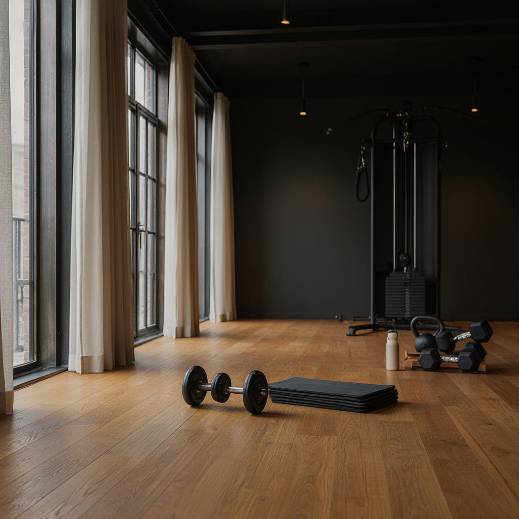 Rustige privé gym met moderne fitnessapparatuur gericht op buikspieroefeningen in warme lichtsetting.