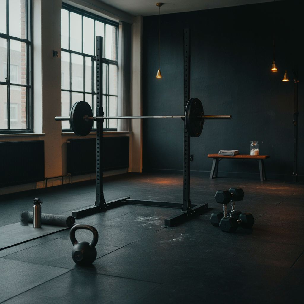 Rustige Nederlandse privé gym met moderne trainingsapparatuur en warm natuurlijk licht.