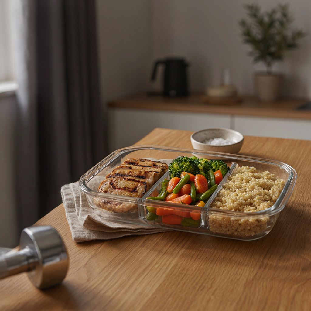 Gezonde maaltijd in een schone, moderne setting die dieet en voeding voor 10 kilo afvallen benadrukt.
