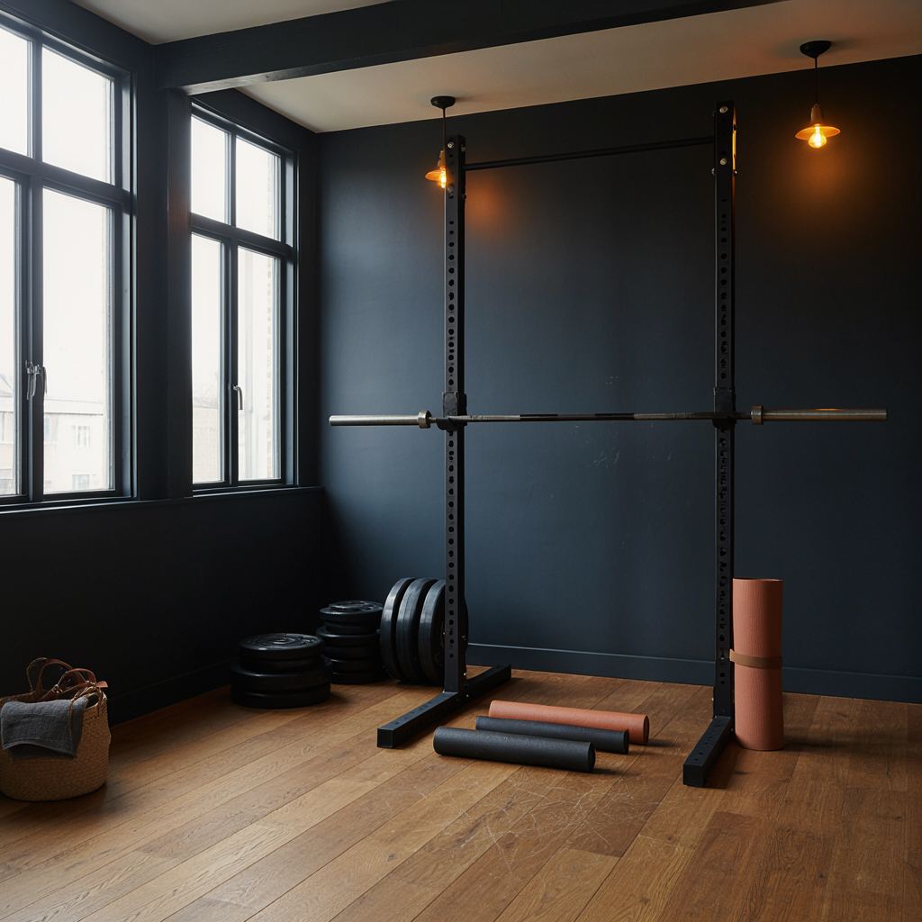 Intieme Nederlandse thuisgym met krachttraining apparatuur in licht- en warmgetinte setting.
