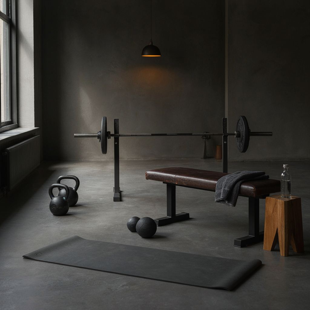 Moderne, rustige privé gym met krachttrainingsapparatuur in donkere tonen en warm licht.