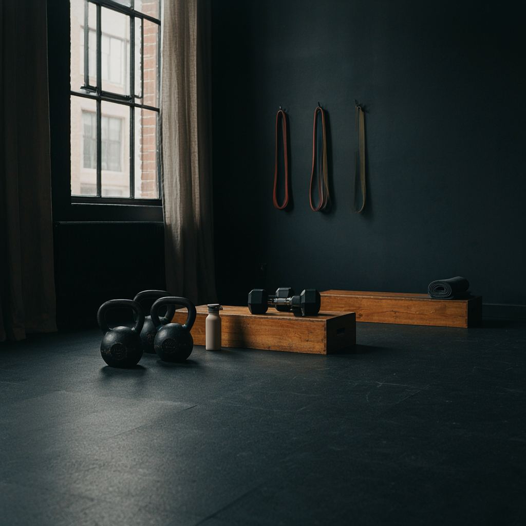 Rustige hoek van een moderne Nederlandse privé gym met functionele trainingsapparatuur en warme lichtinval.