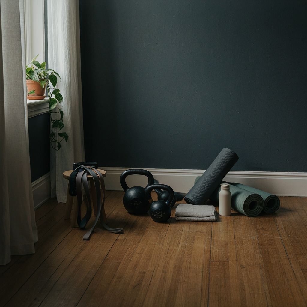Minimalistische thuisfitnessruimte met apparatuur voor buikspieroefeningen bij natuurlijk licht.