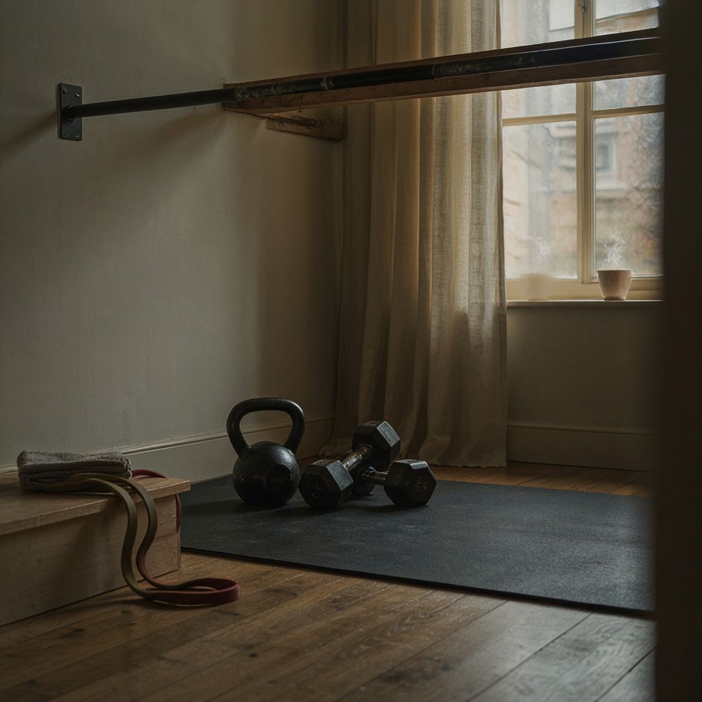 Modern en authentiek thuis fitnesshoekje met krachttrainingsapparatuur in naturelle lichte sfeer.