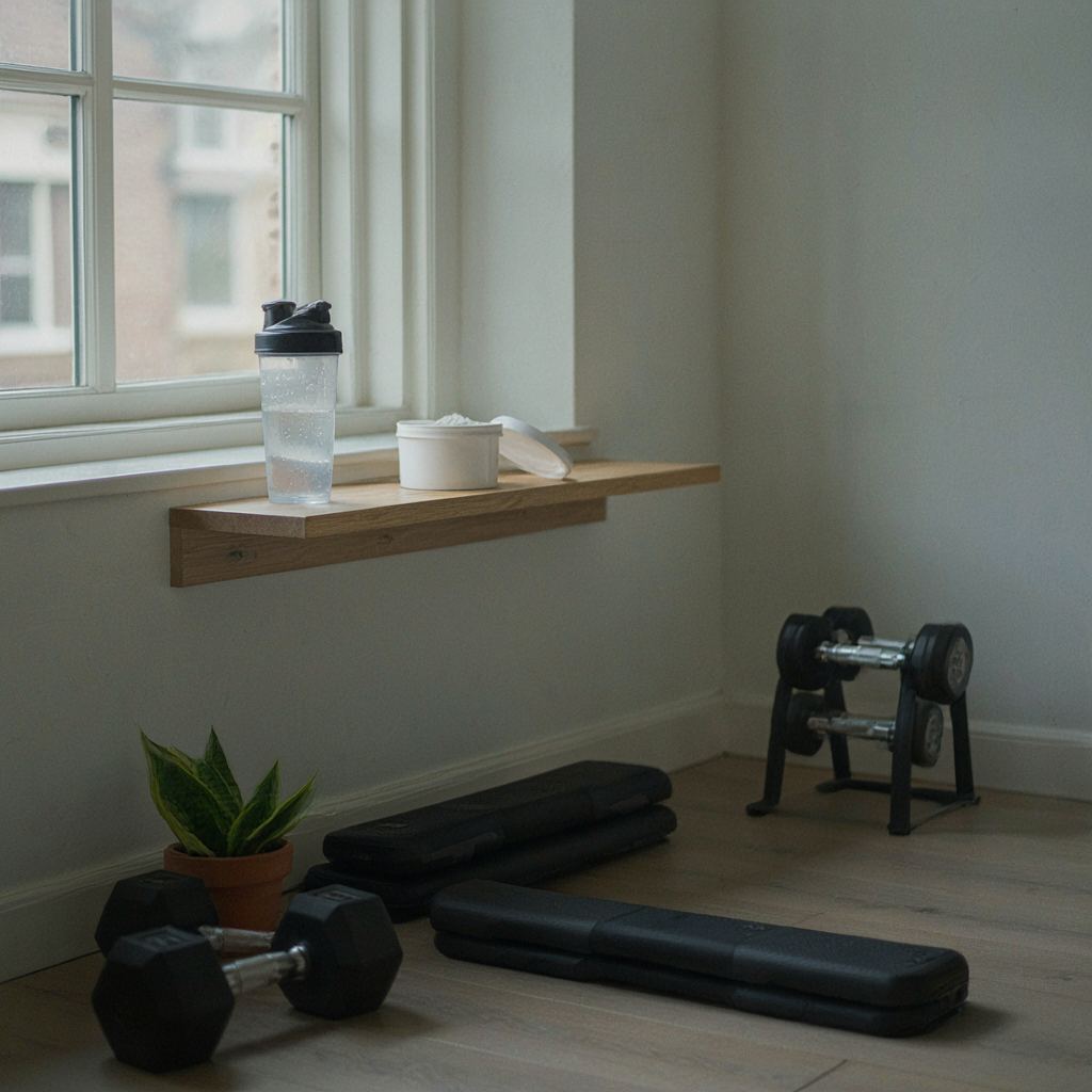 Huiskamer gym met fitnessapparatuur en creatine supplement op houten plank bij daglicht.