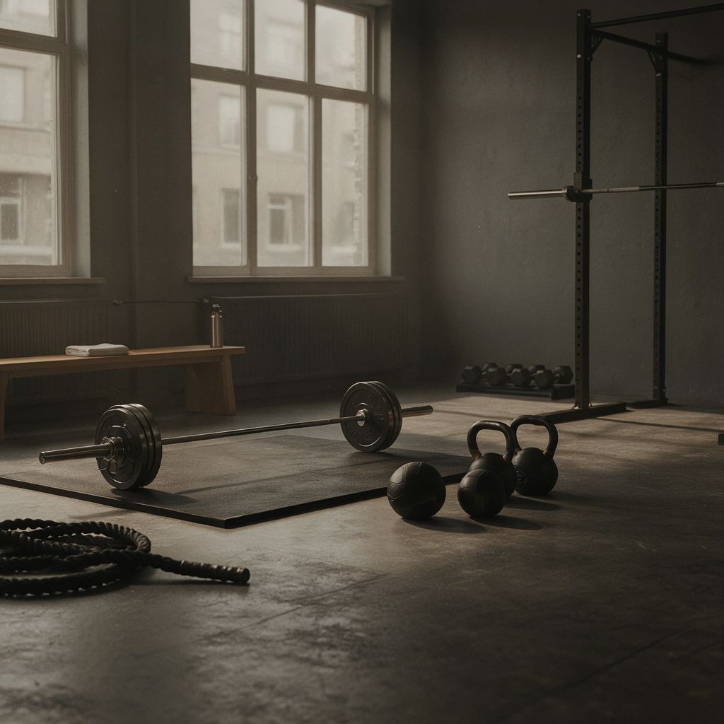 Lege functionele trainingsruimte in een rustige Nederlandse privé sportschool met natuurlijk licht en moderne apparatuur.