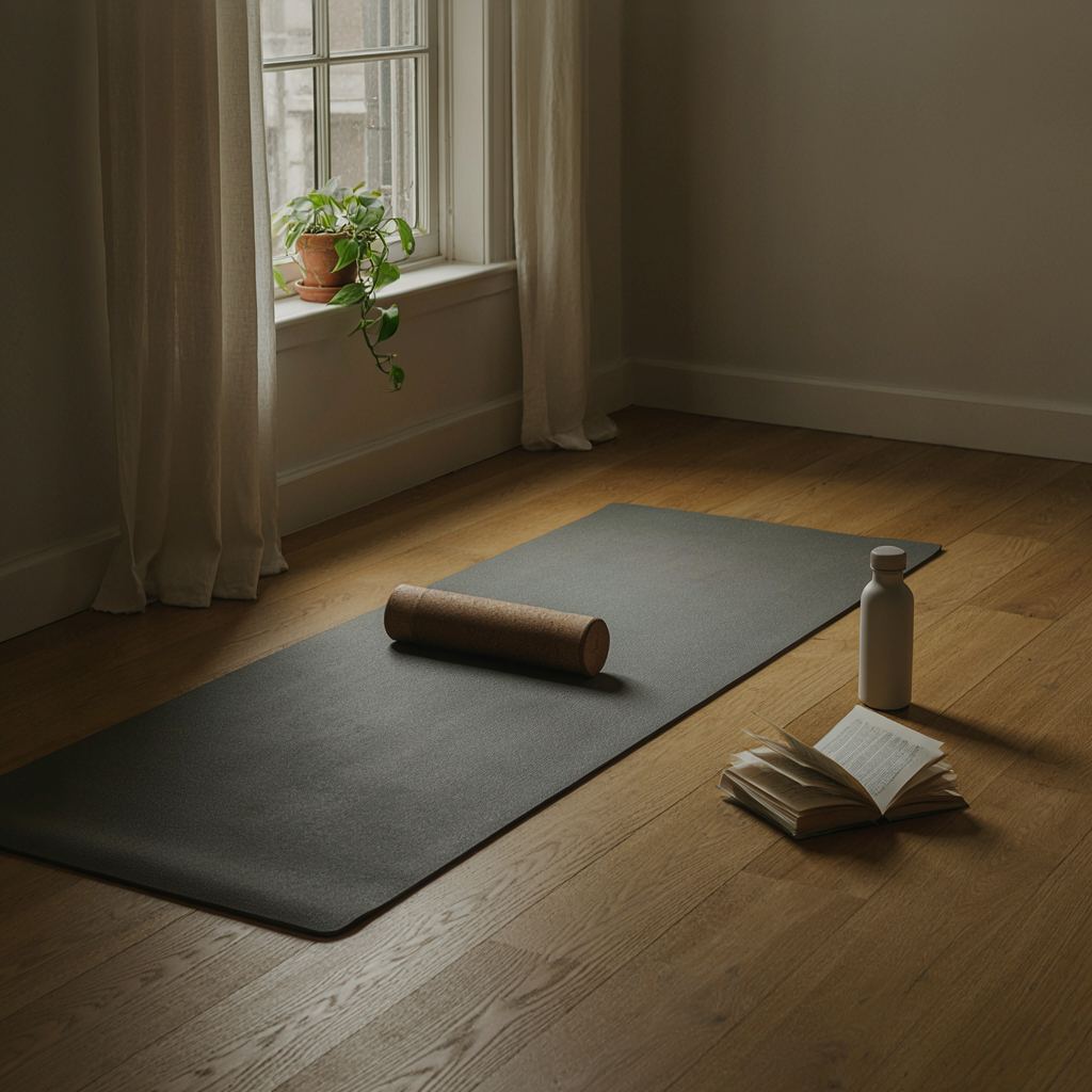 Serene thuisfitnessruimte met yogamat, foam roller en voedingsgids bij raamlicht.