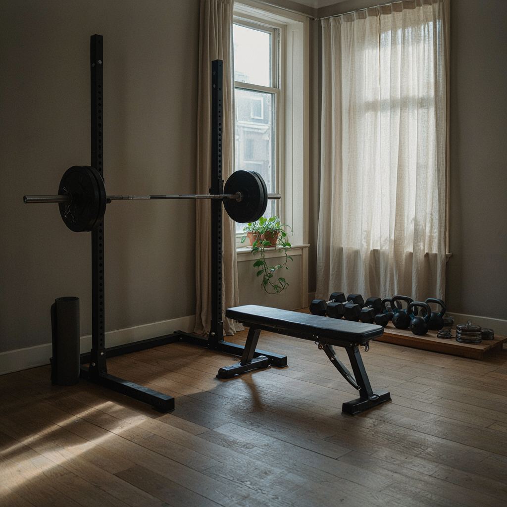 Rustige trainingshoek in een Nederlandse privésportschool met squatrek, bank en vrije gewichten verlicht door natuurlijk daglicht.