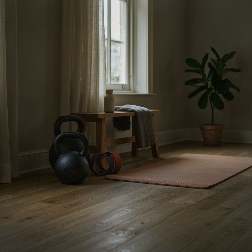 Gezellige thuissportsfeer met moderne trainingsapparatuur onder warm licht.