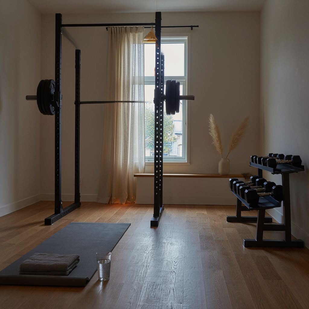 Squat rek en dumbbell gebied met glazen water en yogamat in een rustige, moderne sportschool.
