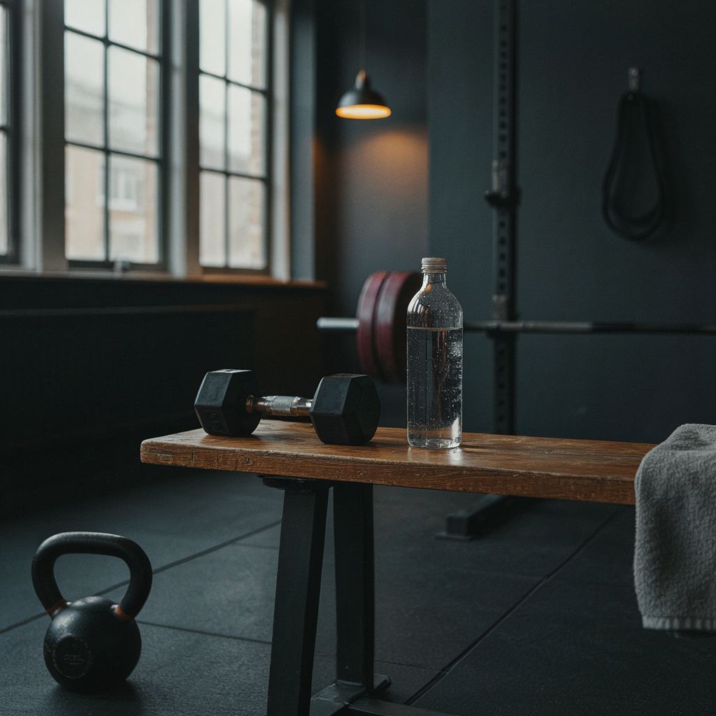 Glazen waterfles met condens op een houten bank in een rustige moderne sportschool met fitnessapparatuur.
