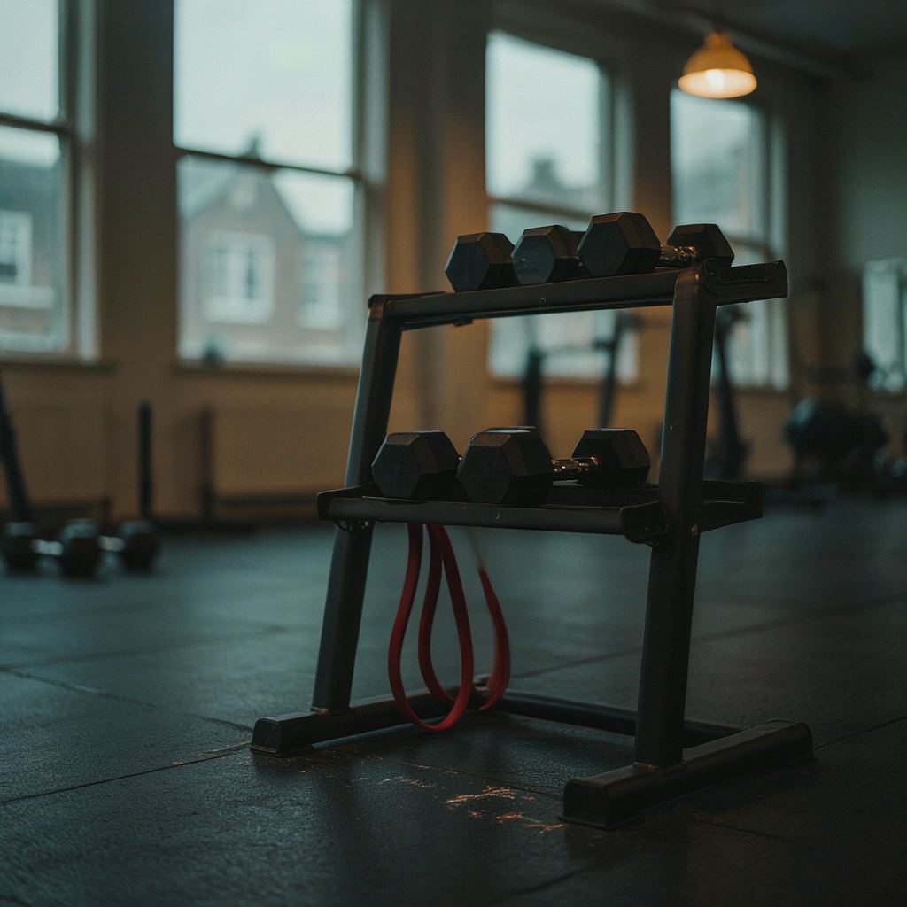 Close-up van moderne krachttrainingsapparatuur in een rustige Nederlandse privé gym voor afvallen.