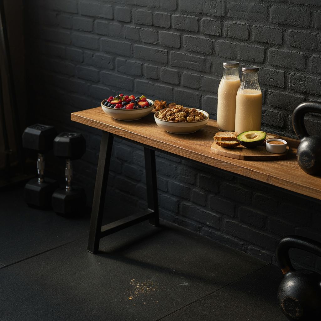 Gezonde post-workout maaltijden en snacks op een houten bank in een rustige Nederlandse privé gym.