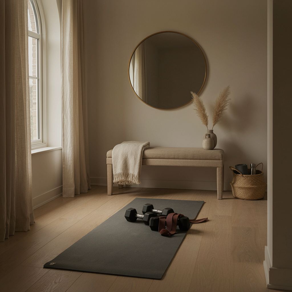 Thuis fitnessruimte met trainingsmaterialen zoals dumbbells en yogamat, zacht natuurlijk licht.