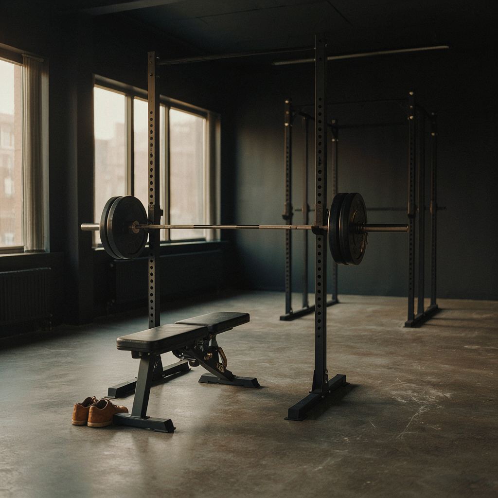 Moderne rustige Nederlandse sportschool met krachttrainingsfaciliteiten en warme verlichting.
