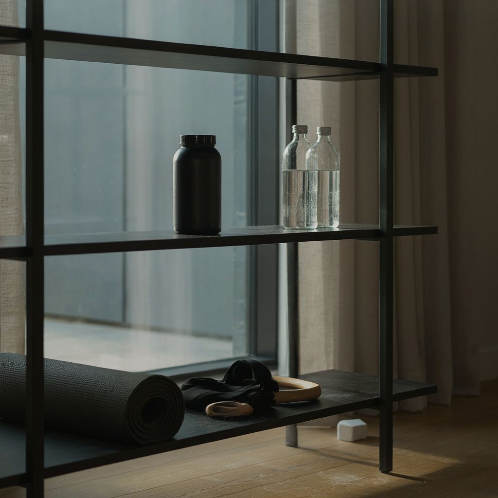 Moderne gymkast met creatine poeder en waterflessen in natuurlijk licht.
