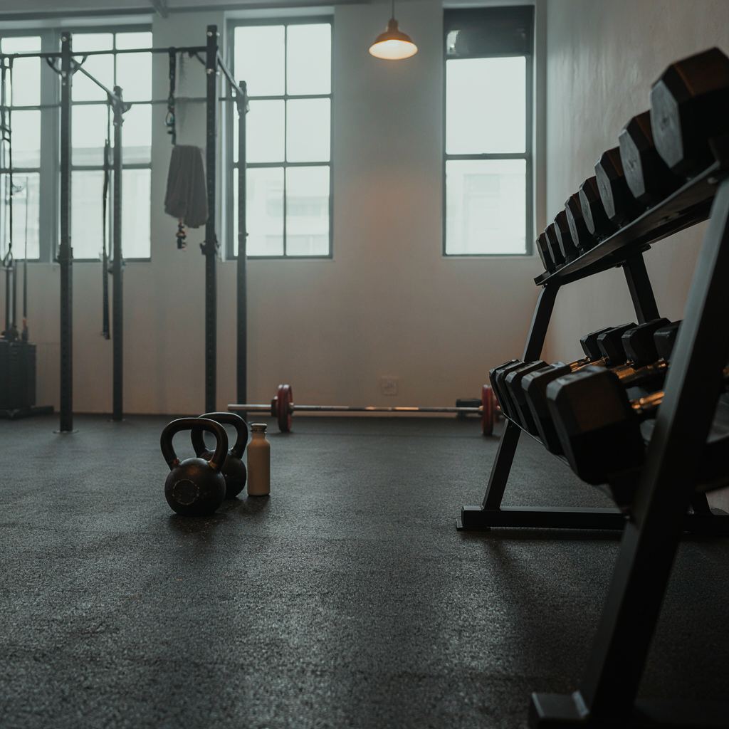 Interieur van een rustige Nederlandse privé gym met moderne fitnessapparatuur voor krachttraining vrouwen zonder mensen.