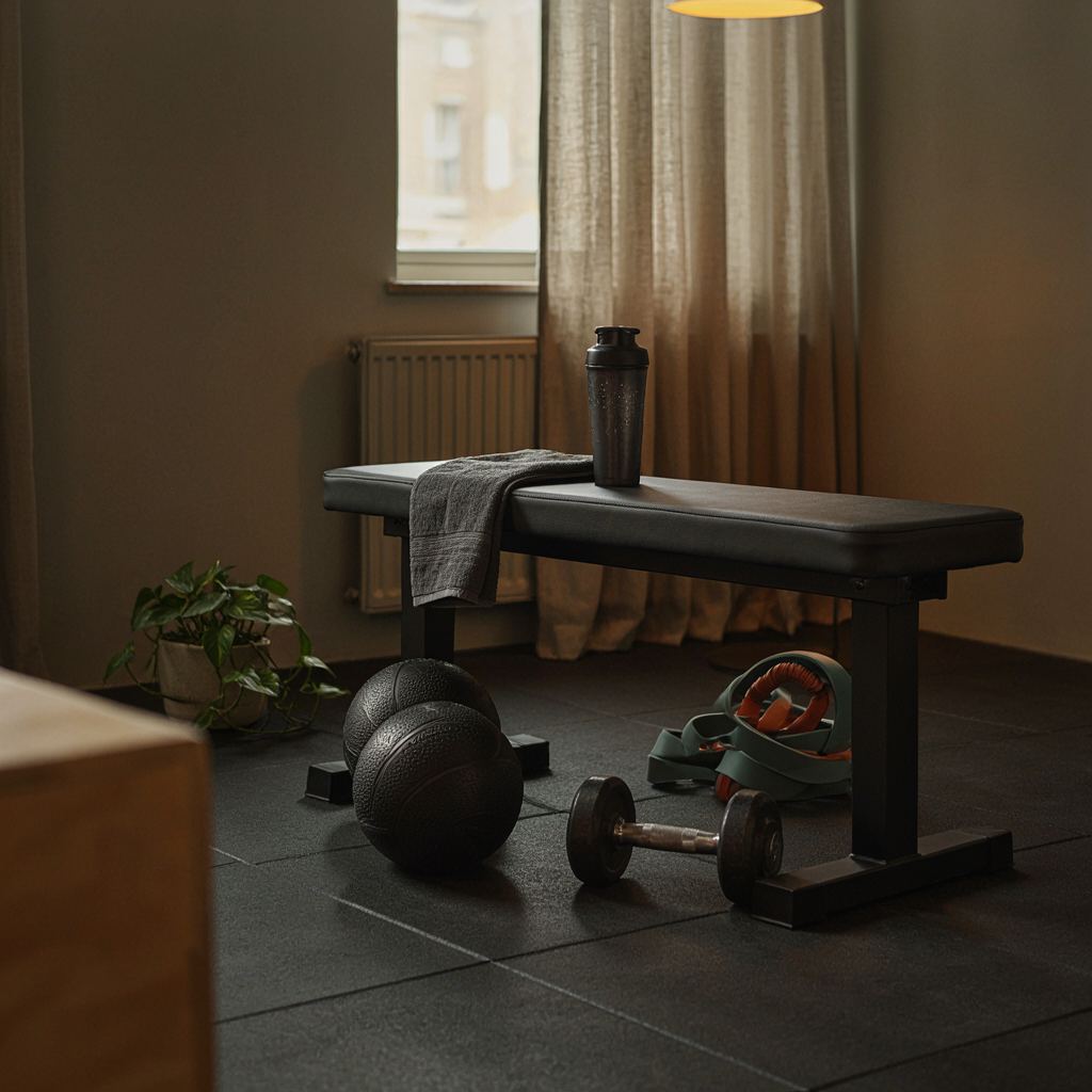 Moderne trainingshoek in een Nederlandse privé gym met functionele apparatuur en creatine gerelateerde voedingssupplementen.