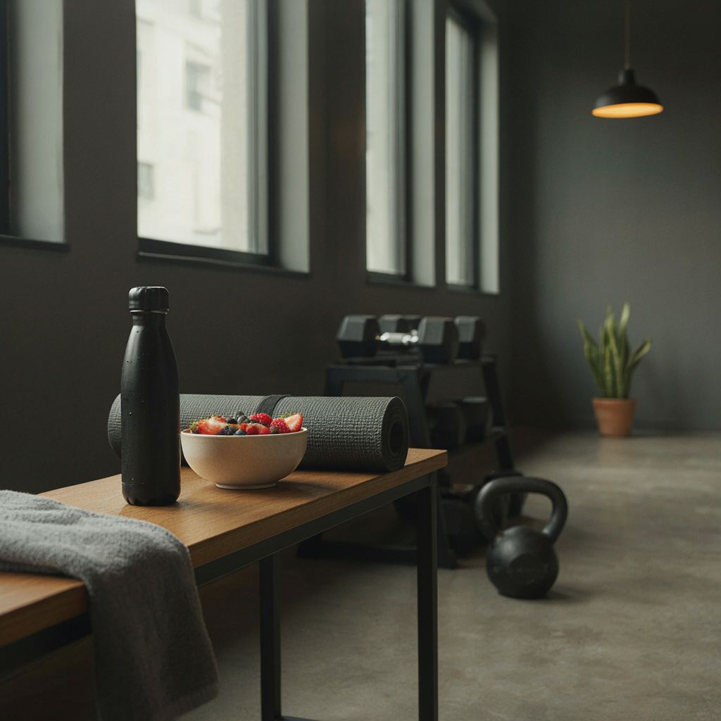 Waterfles, fruit en yoga mat bij functionele trainingsapparatuur in een rustige Nederlandse privé gym.