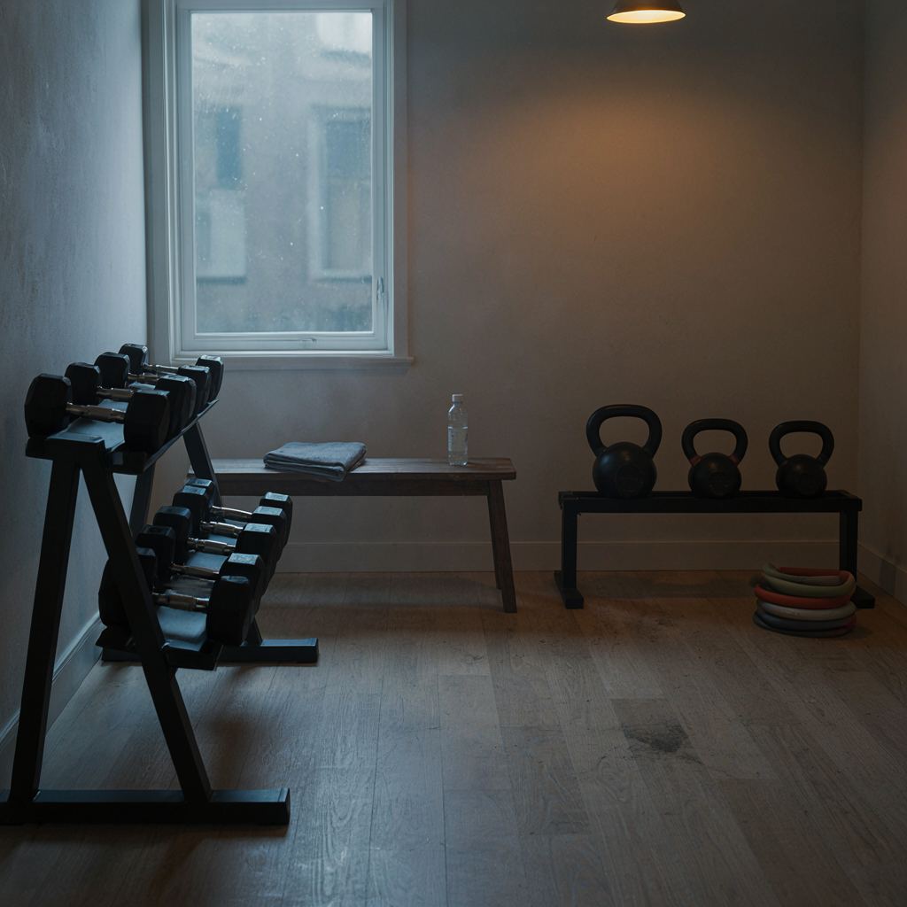 Rustige hoek van een Nederlandse privé gym met functionele krachttrainingsapparatuur in warme natuurlijke lichtval.