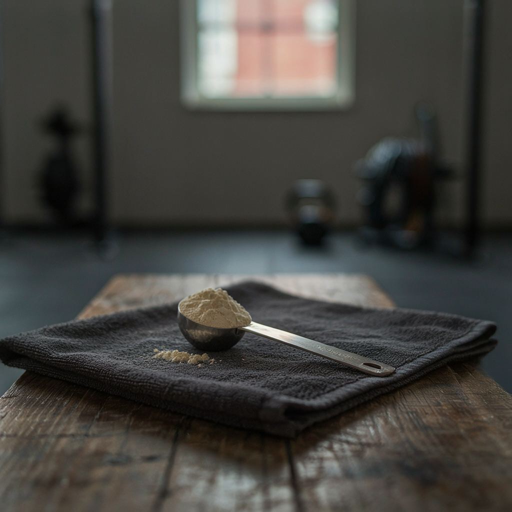 Close-up van een maatschepje creatinepoeder op een gymhanddoek in een Nederlandse privé gym met zachte warme verlichting.