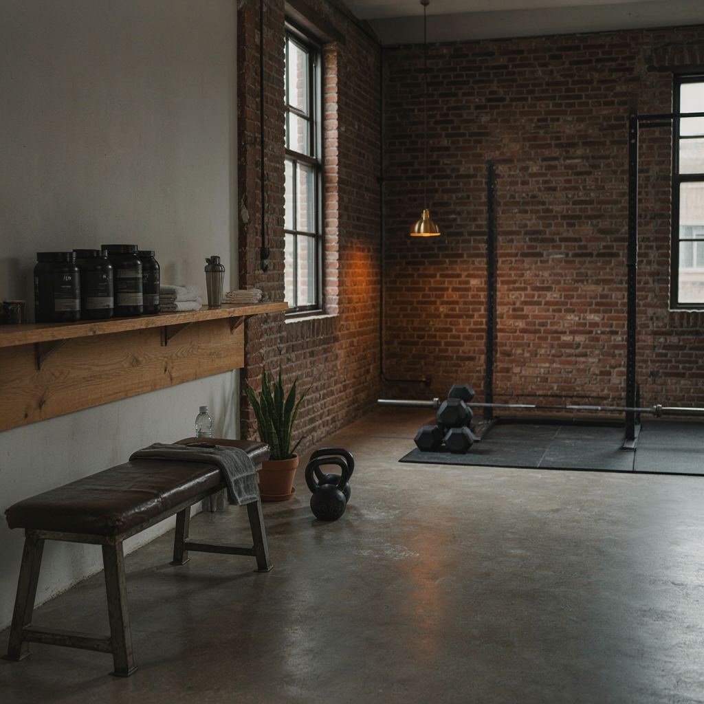 Rustige privé sportschool met moderne krachtapparatuur en creatinesupplementen in een warme en authentieke sfeer.