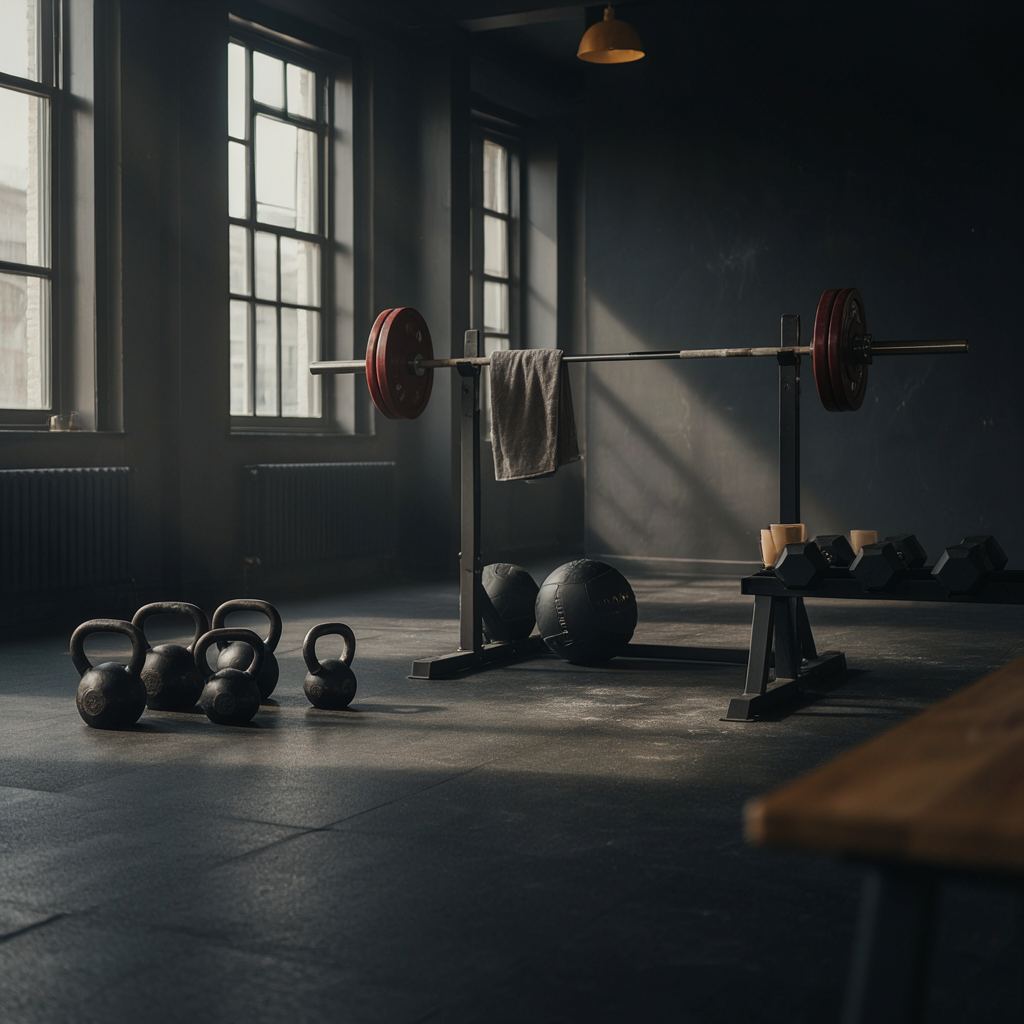 Moderne privé sportschool met functionele krachttrainingsapparatuur en warme natuurlijke verlichting.