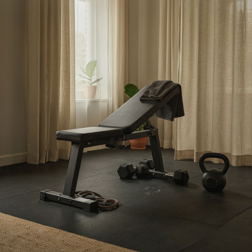 Lege hoek in een Nederlandse privé gym met moderne krachttrainingsapparatuur in warme natuurlijke lichtinval.