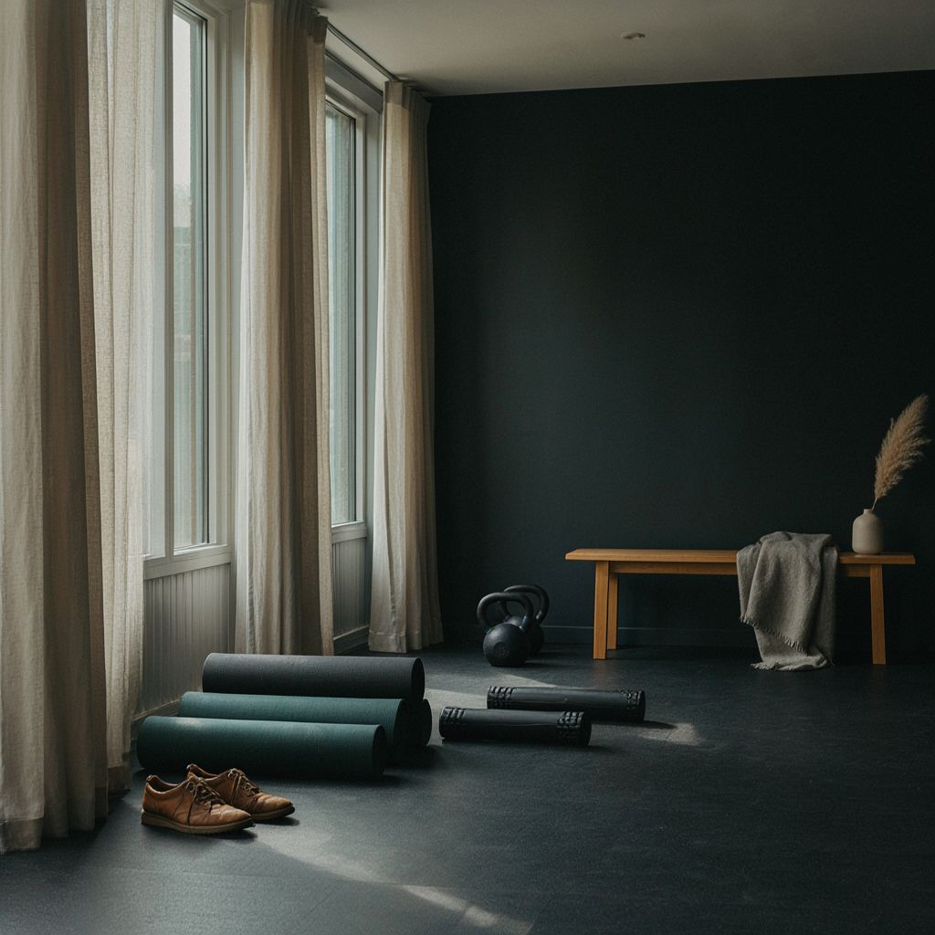 Rustige moderne gymruimte met yoga- en trainingsmateriaal in zachte natuurlijke verlichting.