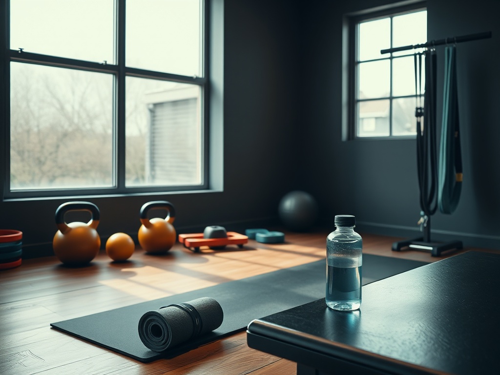 Rustige hoek in een Nederlandse privé sportschool met moderne trainingsapparatuur en warm natuurlijk licht.
