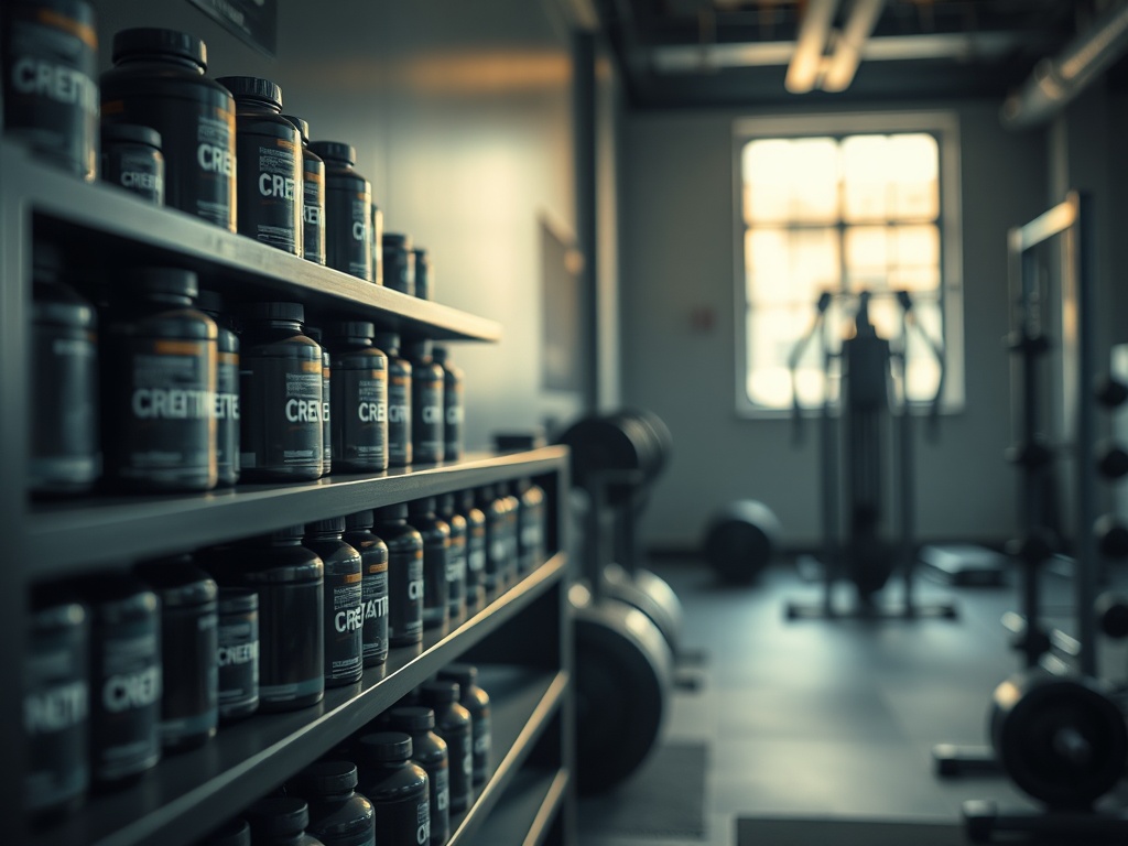Nette plank met creatine supplementen en shakerflessen in een stille moderne Nederlandse privé sportschool.