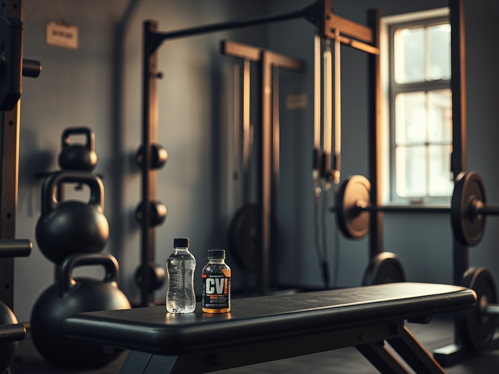 Krachttrainingshoek met kettingen, halters en creatine container in een rustige Nederlandse privé sportschool.