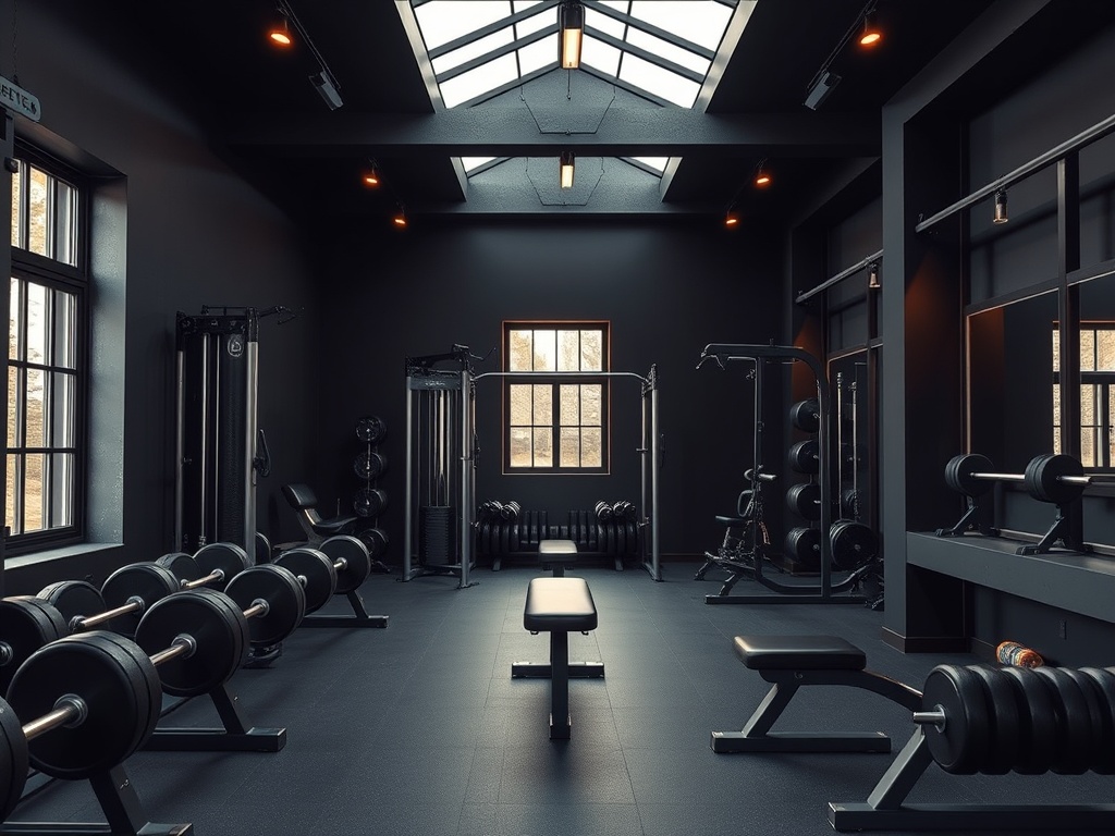 Interieur van een rustige Nederlandse privé sportschool met moderne fitnessapparatuur en warm licht.